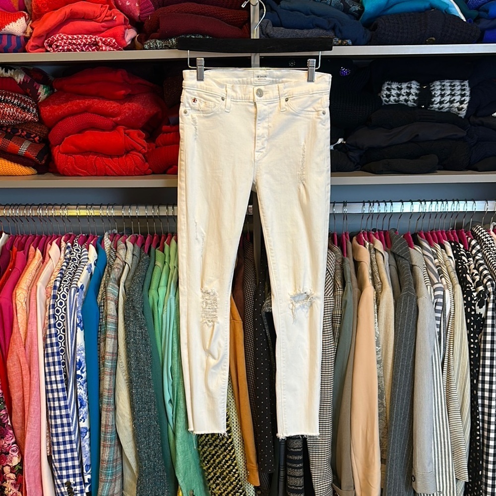 Hudson white distressed raw hem skinny cropped jeans size 27